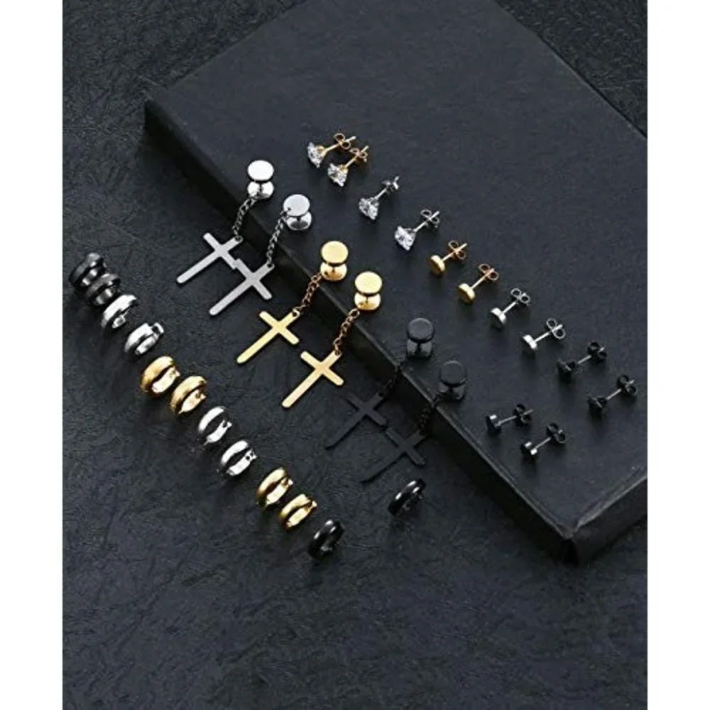 15 Pairs PUNK Stainless Steel Cross Dangle Hinged Earrings Hoop SET